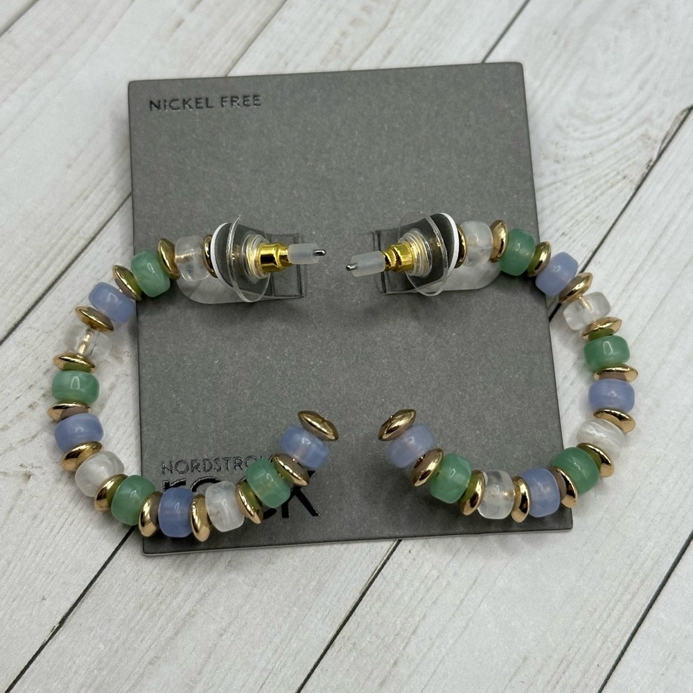 NWT Nordstrom Rack Goldtone/Green/Blue Hoop Earrings - Picture 2 of 6